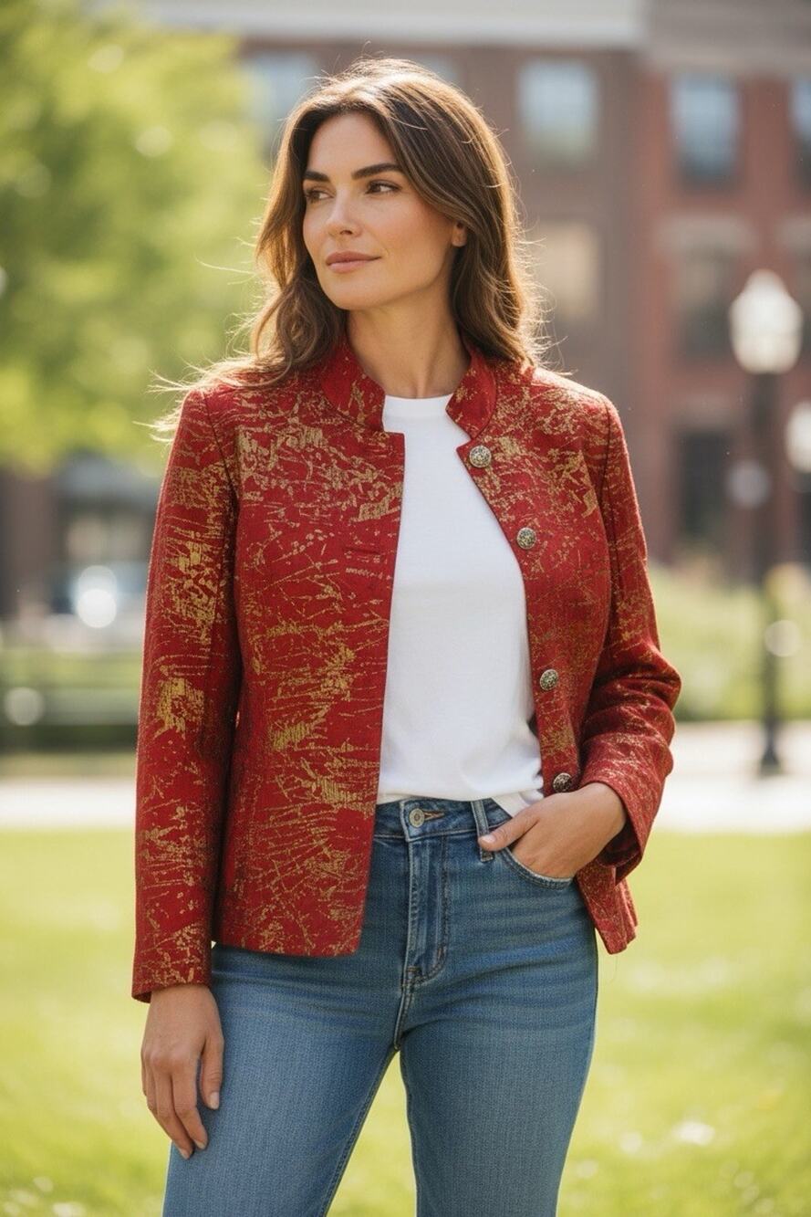 Chico's Red & Gold Metallic Abstract Cotton Button Front Jacket Blazer Size 2